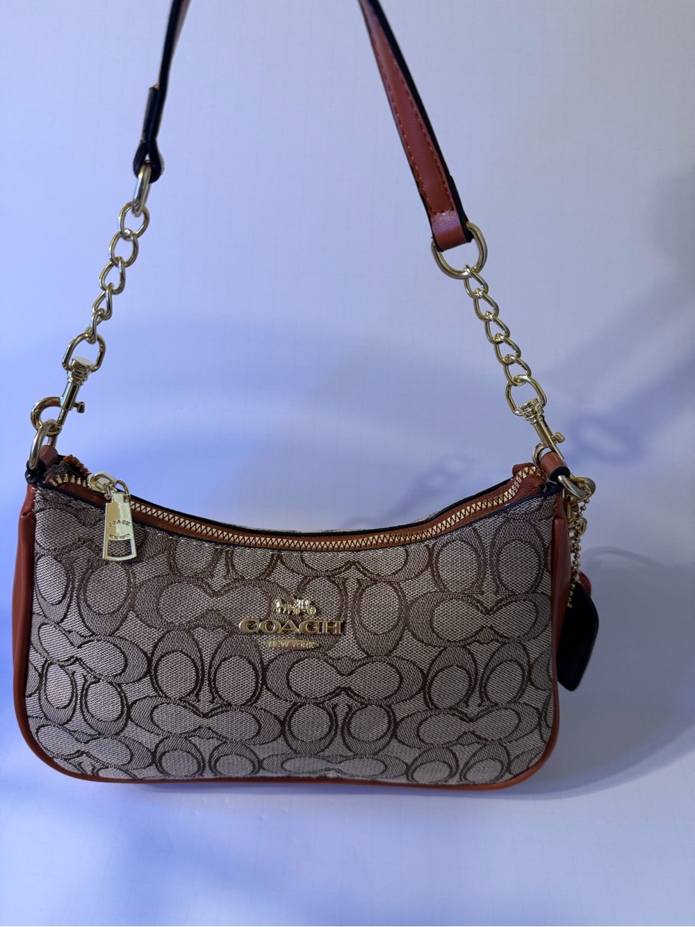 Coach Brown Signature Canvas Shoulder Bag with Tan Trim